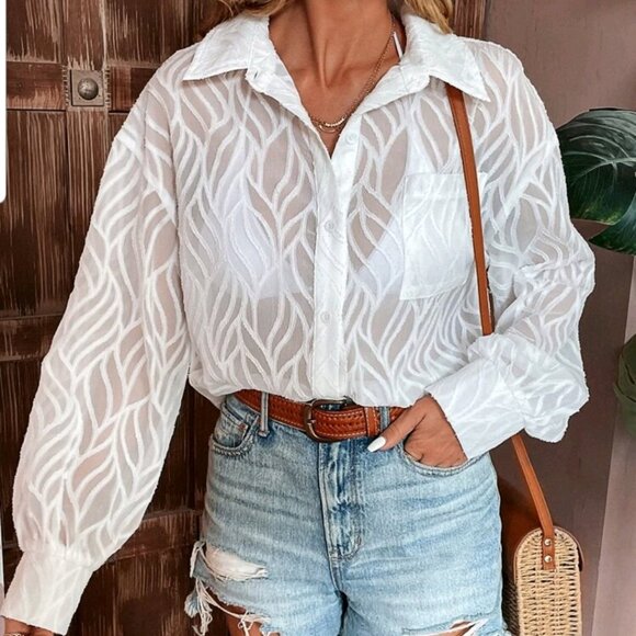 SHEIN Tops - white sheer striped long sleeve button down blouse shein size M (172)